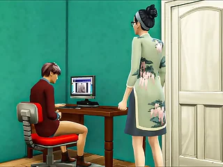 Asian stepmom catches her stepson again masturbating in his room watching a porn movie in front of the computer and she decided to help him by having sex with him